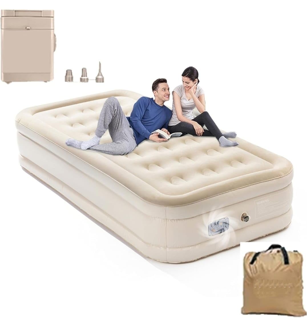 WTEZ Single Inflatable Bed with Air Pump | Portable Air Mattress for Camping, Travel & Guest Use | Waterproof Puncture-Resistant PVC | Single Size Airbed for Home & Outdoor (198 x 100 x 40 CM)