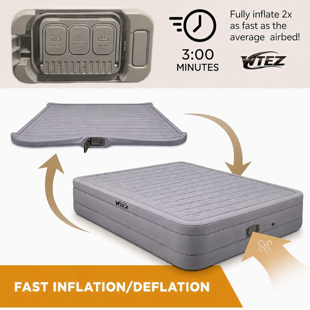 "WTEZ Inflatable Air Mattress with Built-in Electric Pump – Queen Size Double Bed (200x150x40cm), Waterproof & Puncture-Resistant, 300kg Capacity, Portable Foldable Air Bed with Comfort Coil Support, for Home, Guests & Camping (Color Gray)