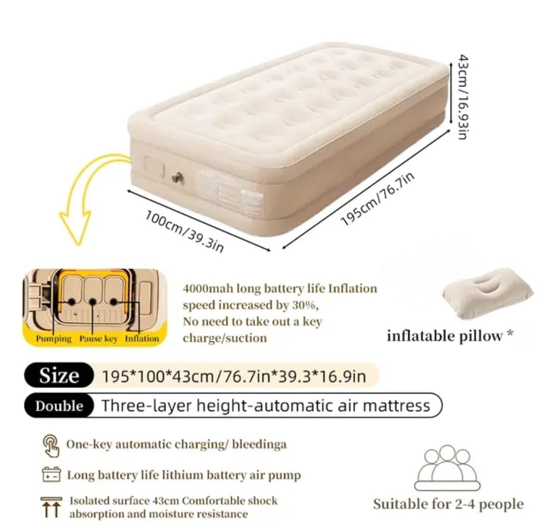 WTEZ Single Inflatable Bed with Air Pump | Portable Air Mattress for Camping, Travel & Guest Use | Waterproof Puncture-Resistant PVC | Single Size Airbed for Home & Outdoor (198 x 100 x 40 CM)