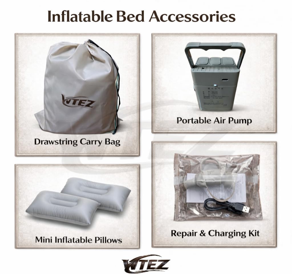 "WTEZ Inflatable Air Mattress with Built-in Electric Pump – Queen Size Double Bed (200x150x40cm), Waterproof & Puncture-Resistant, 300kg Capacity, Portable Foldable Air Bed with Comfort Coil Support, for Home, Guests & Camping (Color Gray)
