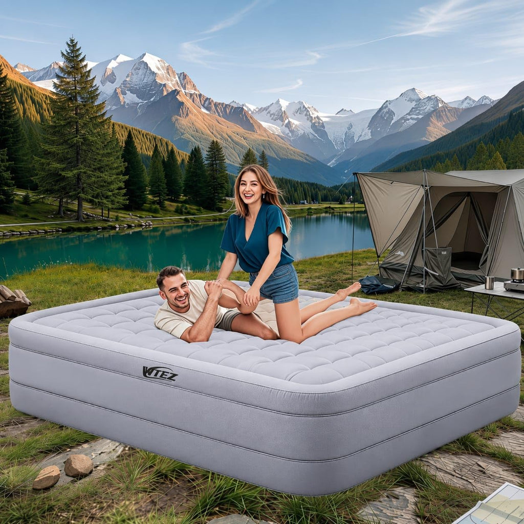 "WTEZ Inflatable Air Mattress with Built-in Electric Pump – Queen Size Double Bed (200x150x40cm), Waterproof & Puncture-Resistant, 300kg Capacity, Portable Foldable Air Bed with Comfort Coil Support, for Home, Guests & Camping (Color Gray)