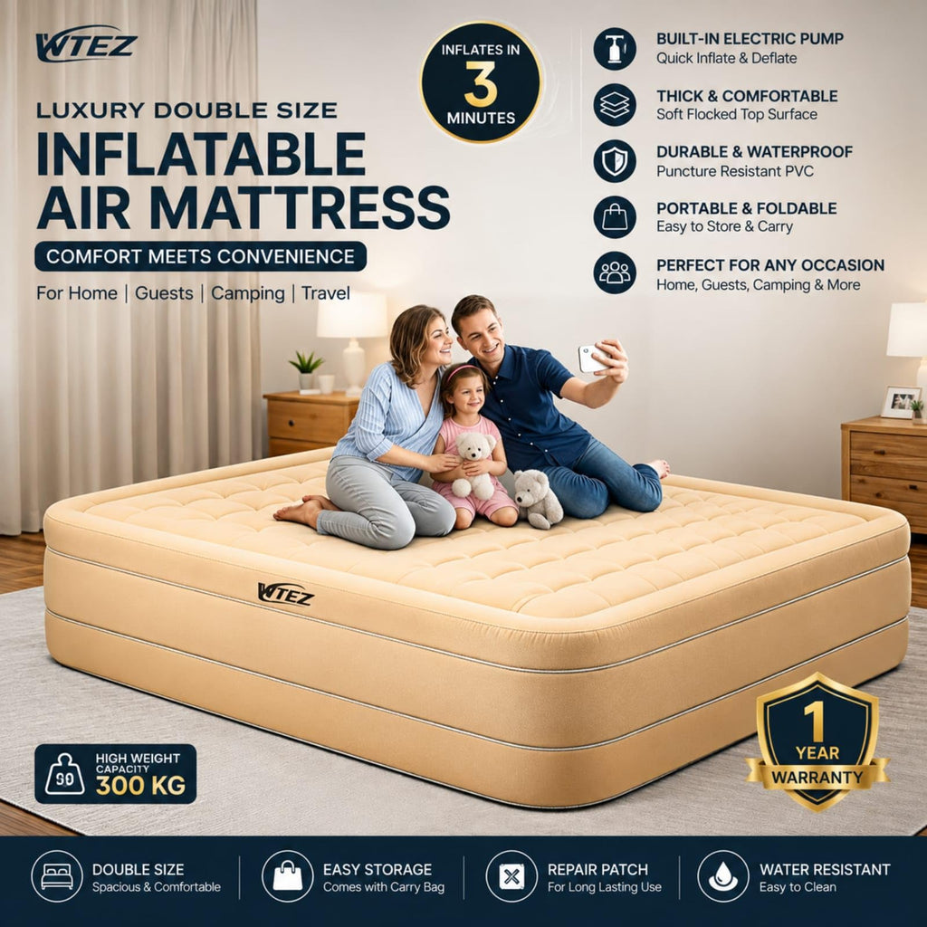 WTEZ Inflatable Air Mattress with Built-in Electric Pump – Queen Size Double Bed (200x150x40cm), Waterproof & Puncture-Resistant, 300kg Capacity, Portable Foldable Air Bed with Comfort Coil Support, for Home, Guests & Camping (Color Beige)