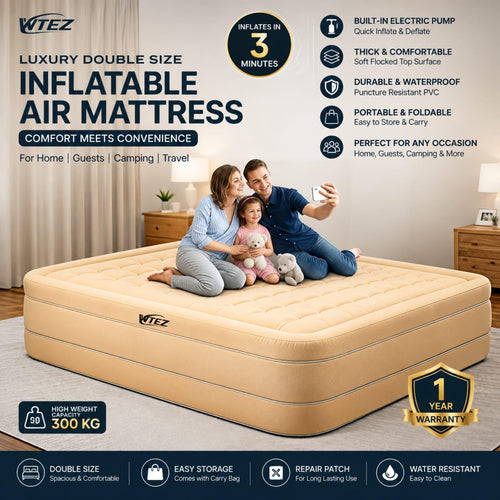 WTEZ Inflatable Air Mattress with Built-in Electric Pump – Queen Size Double Bed (200x150x40cm), Waterproof & Puncture-Resistant, 300kg Capacity, Portable Foldable Air Bed with Comfort Coil Support, for Home, Guests & Camping (Color Beige)
