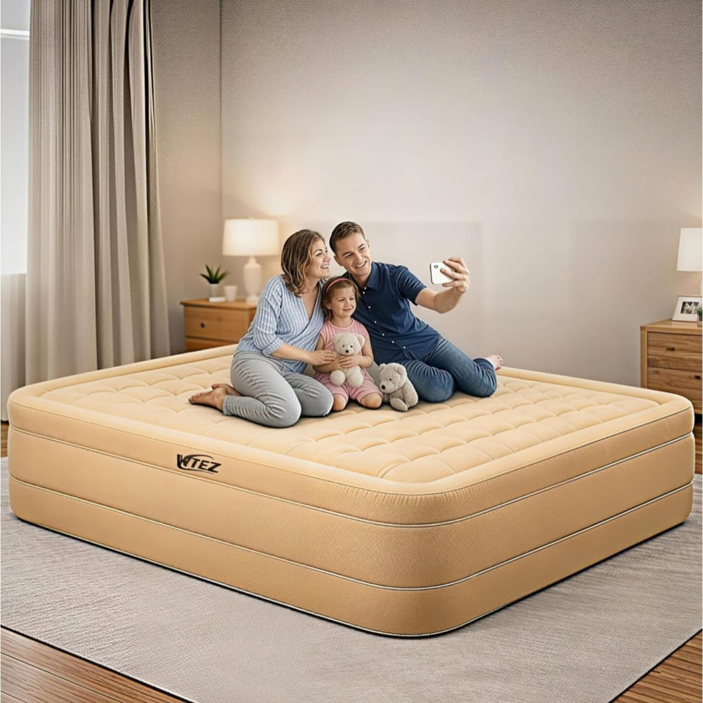 WTEZ Inflatable Air Mattress with Built-in Electric Pump – Queen Size Double Bed (200x150x40cm), Waterproof & Puncture-Resistant, 300kg Capacity, Portable Foldable Air Bed with Comfort Coil Support, for Home, Guests & Camping (Color Beige)