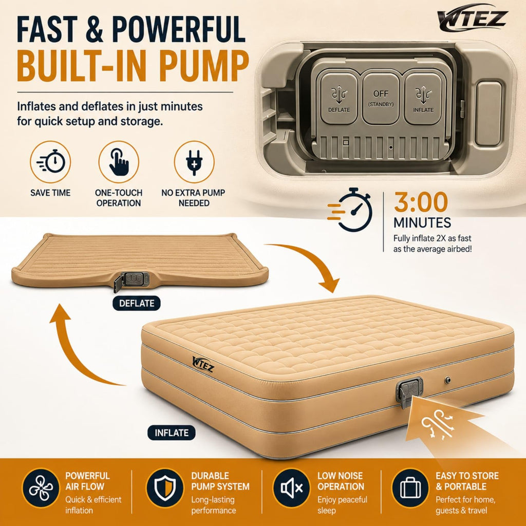 WTEZ Inflatable Air Mattress with Built-in Electric Pump – Queen Size Double Bed (200x150x40cm), Waterproof & Puncture-Resistant, 300kg Capacity, Portable Foldable Air Bed with Comfort Coil Support, for Home, Guests & Camping (Color Beige)