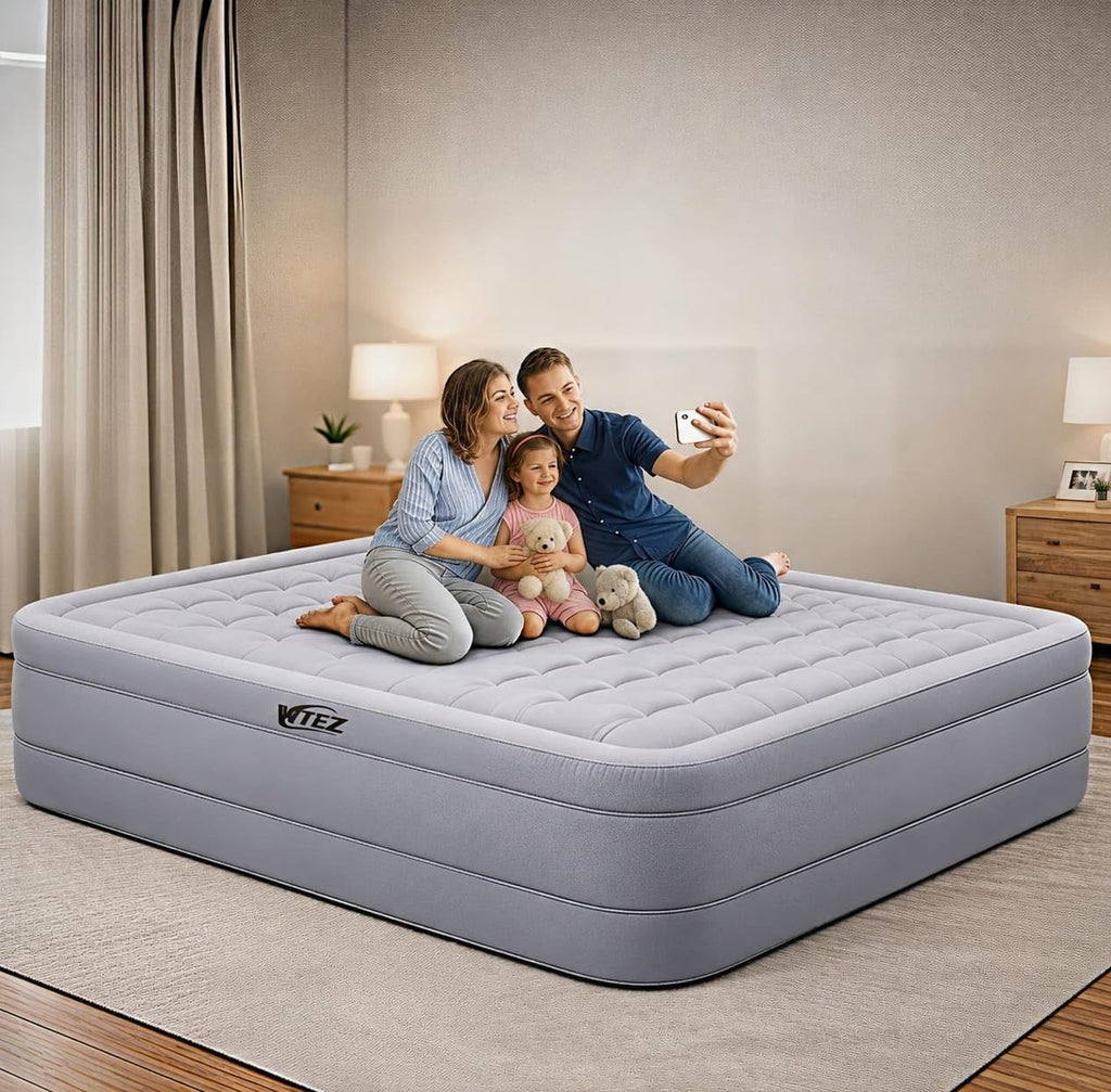 "WTEZ Inflatable Air Mattress with Built-in Electric Pump – Queen Size Double Bed (200x150x40cm), Waterproof & Puncture-Resistant, 300kg Capacity, Portable Foldable Air Bed with Comfort Coil Support, for Home, Guests & Camping (Color Gray)