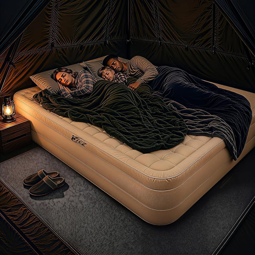 WTEZ Inflatable Air Mattress with Built-in Electric Pump – Queen Size Double Bed (200x150x40cm), Waterproof & Puncture-Resistant, 300kg Capacity, Portable Foldable Air Bed with Comfort Coil Support, for Home, Guests & Camping (Color Beige)