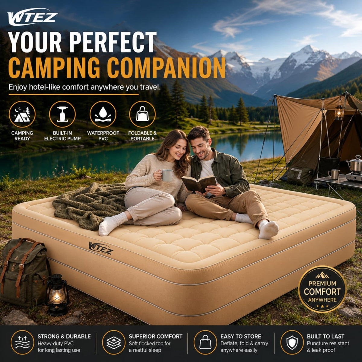 WTEZ Inflatable Air Mattress with Built-in Electric Pump – Queen Size Double Bed (200x150x40cm), Waterproof & Puncture-Resistant, 300kg Capacity, Portable Foldable Air Bed with Comfort Coil Support, for Home, Guests & Camping (Color Beige)